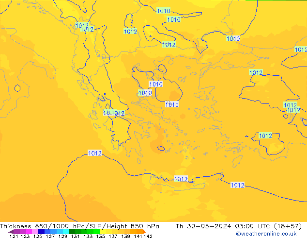 Dikte 850-1000 hPa UK-Global do 30.05.2024 03 UTC