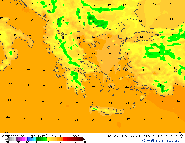 Temp. massima (2m) UK-Global lun 27.05.2024 21 UTC