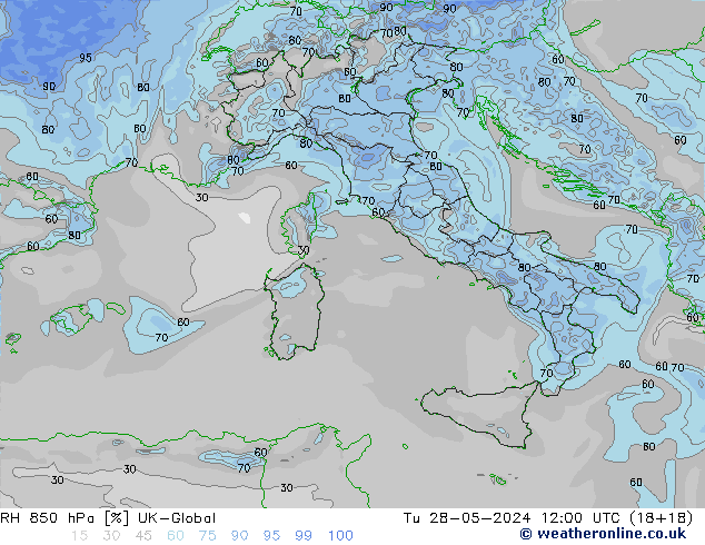 RH 850 hPa UK-Global Ter 28.05.2024 12 UTC