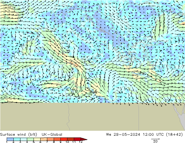 Surface wind (bft) UK-Global We 29.05.2024 12 UTC