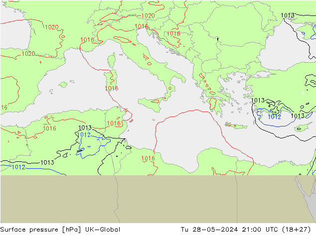 Surface pressure UK-Global Tu 28.05.2024 21 UTC