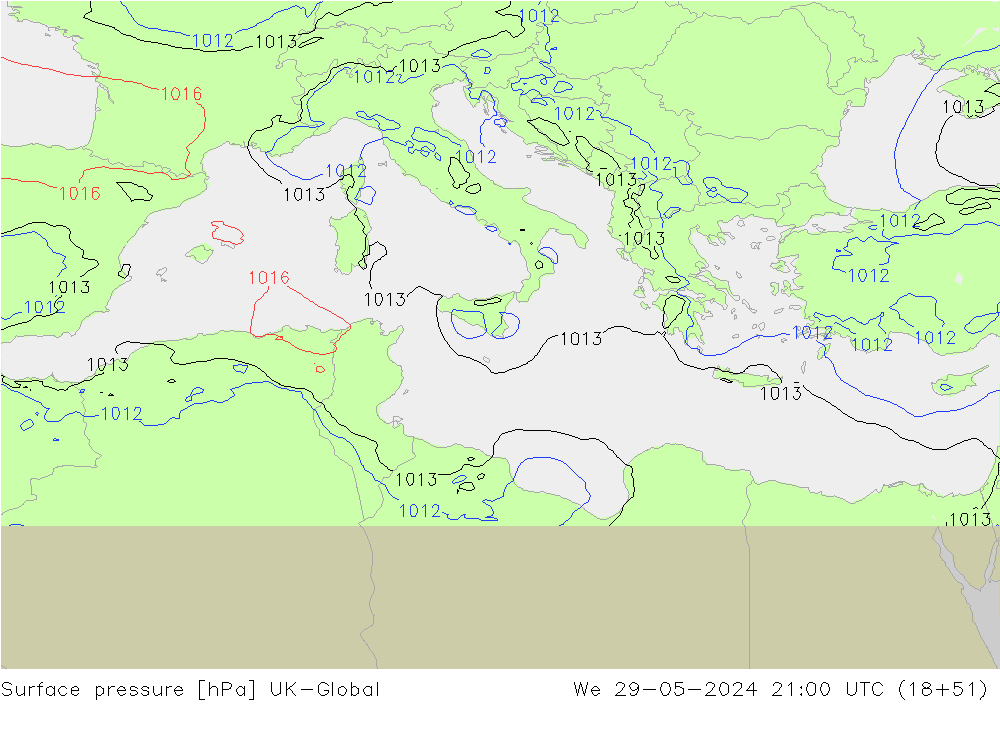 Atmosférický tlak UK-Global St 29.05.2024 21 UTC