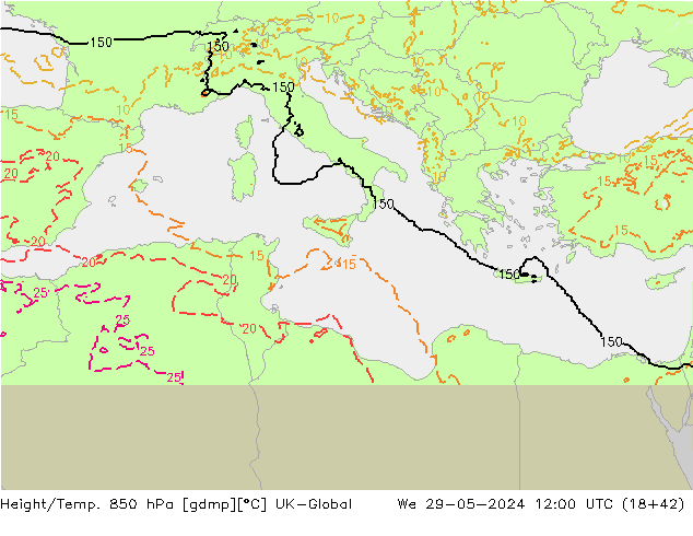 Hoogte/Temp. 850 hPa UK-Global wo 29.05.2024 12 UTC