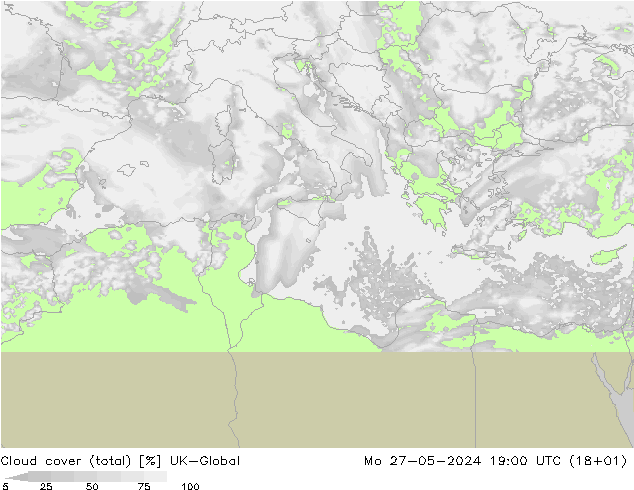 Bewolking (Totaal) UK-Global ma 27.05.2024 19 UTC