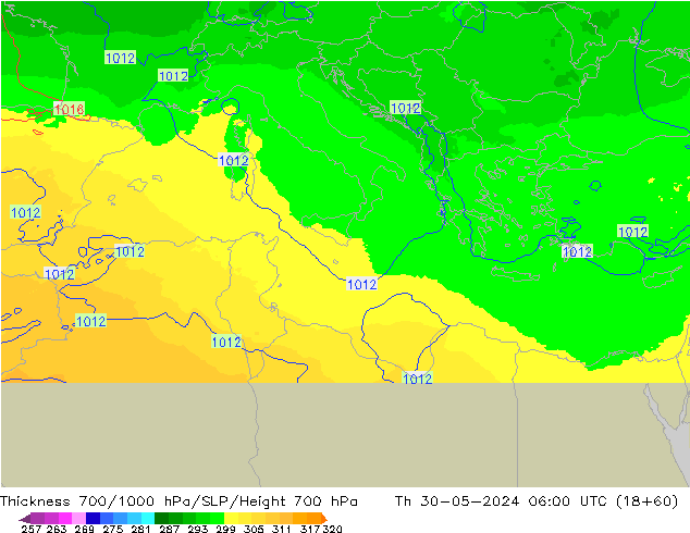 Thck 700-1000 hPa UK-Global Čt 30.05.2024 06 UTC