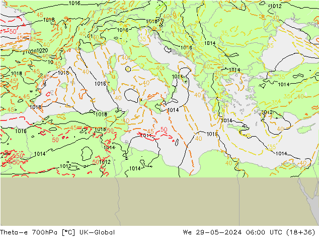 Theta-e 700hPa UK-Global mer 29.05.2024 06 UTC