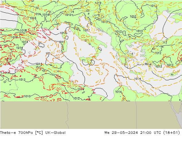 Theta-e 700hPa UK-Global mer 29.05.2024 21 UTC