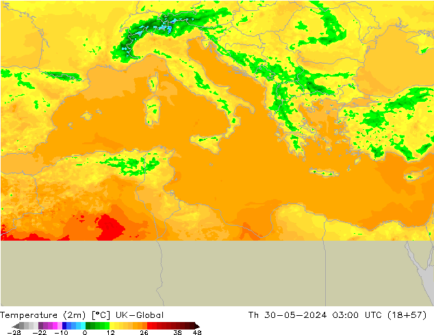 mapa temperatury (2m) UK-Global czw. 30.05.2024 03 UTC