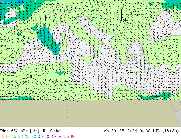 Wind 850 hPa UK-Global We 29.05.2024 00 UTC