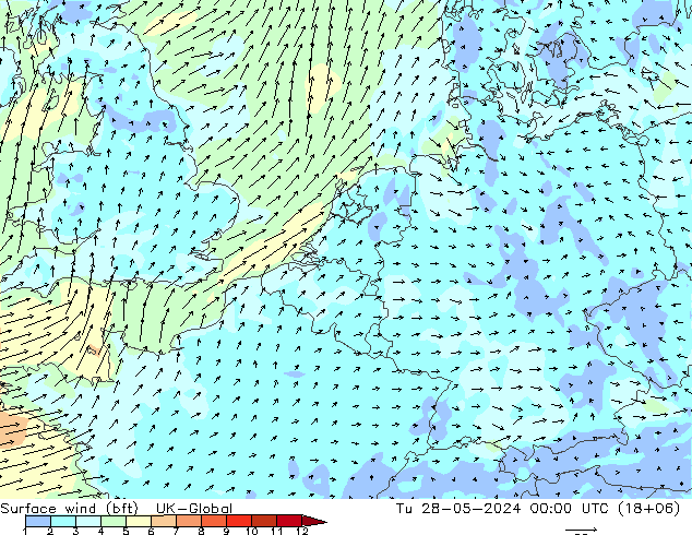 Vento 10 m (bft) UK-Global mar 28.05.2024 00 UTC