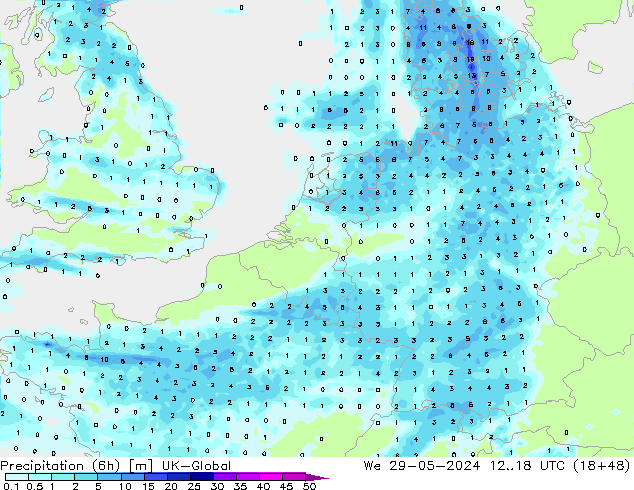 Yağış (6h) UK-Global Çar 29.05.2024 18 UTC