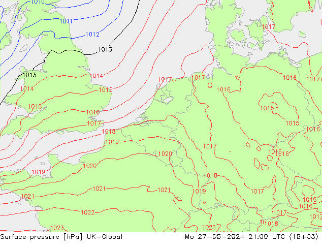 Surface pressure UK-Global Mo 27.05.2024 21 UTC