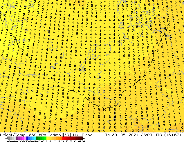 Hoogte/Temp. 850 hPa UK-Global do 30.05.2024 03 UTC