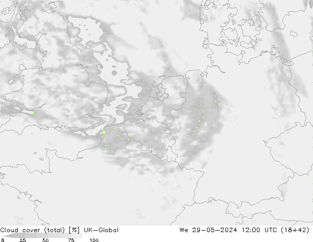 Cloud cover (total) UK-Global St 29.05.2024 12 UTC