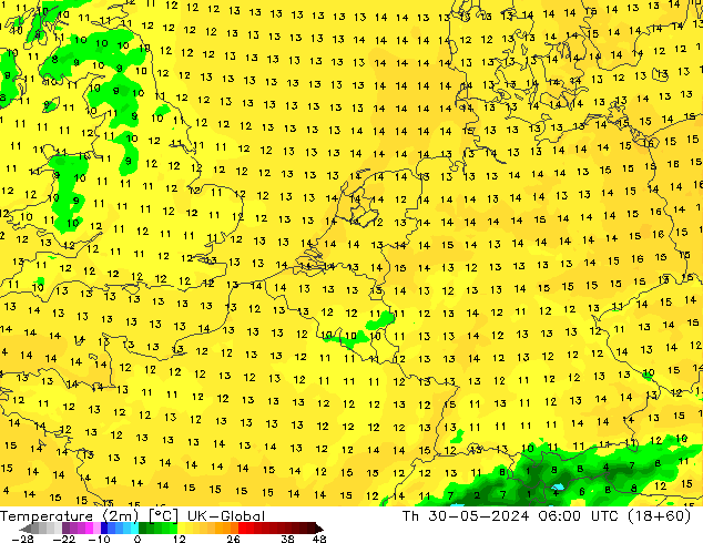 Temperatura (2m) UK-Global jue 30.05.2024 06 UTC