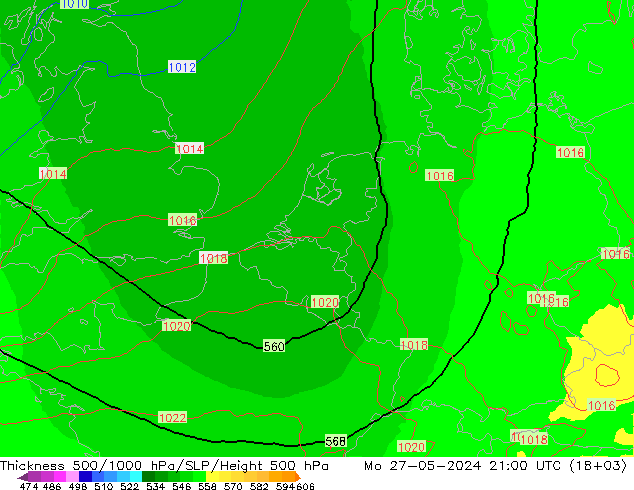 Espesor 500-1000 hPa UK-Global lun 27.05.2024 21 UTC