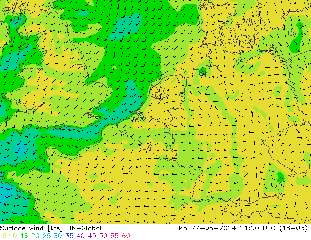 Surface wind UK-Global Mo 27.05.2024 21 UTC