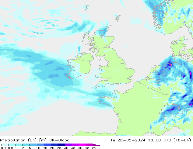 Precipitazione (6h) UK-Global mar 28.05.2024 00 UTC