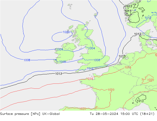 Surface pressure UK-Global Tu 28.05.2024 15 UTC