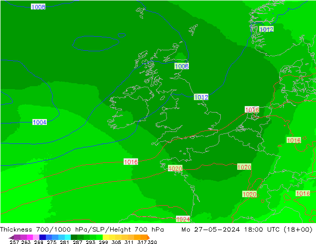 Thck 700-1000 hPa UK-Global pon. 27.05.2024 18 UTC