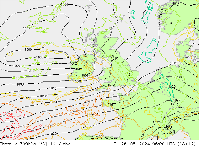 Theta-e 700hPa UK-Global di 28.05.2024 06 UTC