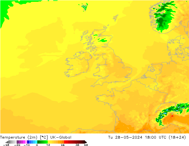 mapa temperatury (2m) UK-Global wto. 28.05.2024 18 UTC