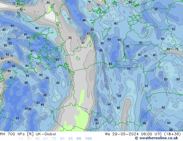 Humidité rel. 700 hPa UK-Global mer 29.05.2024 06 UTC