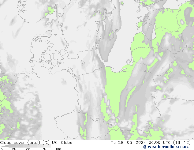 Cloud cover (total) UK-Global Tu 28.05.2024 06 UTC