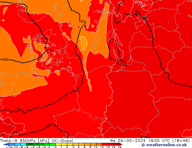 Theta-W 850hPa UK-Global Qua 29.05.2024 18 UTC