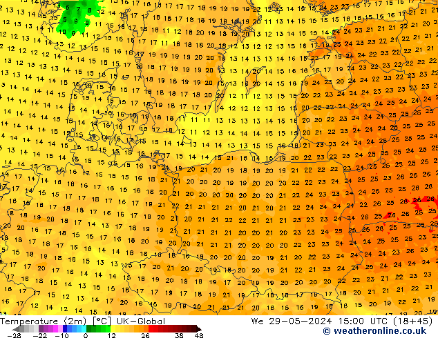 Temperatura (2m) UK-Global Qua 29.05.2024 15 UTC