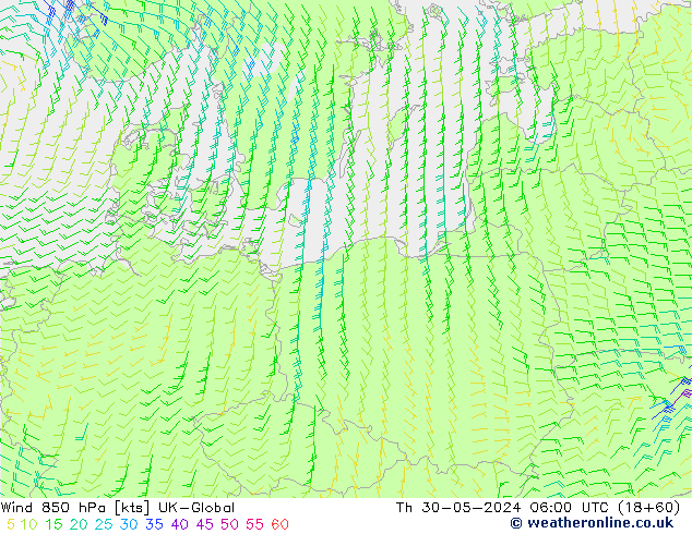 Wind 850 hPa UK-Global Do 30.05.2024 06 UTC