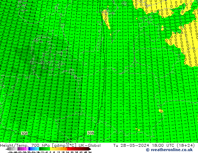 Height/Temp. 700 hPa UK-Global  28.05.2024 18 UTC