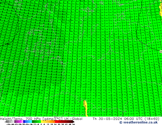 Height/Temp. 700 hPa UK-Global czw. 30.05.2024 06 UTC