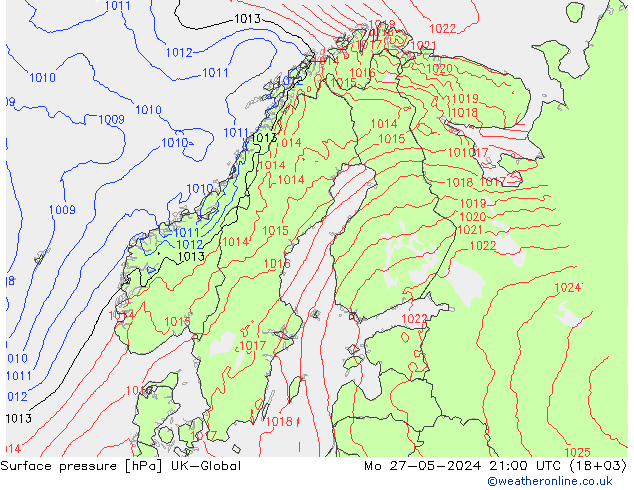 地面气压 UK-Global 星期一 27.05.2024 21 UTC