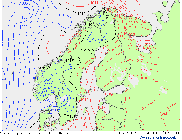 Surface pressure UK-Global Tu 28.05.2024 18 UTC