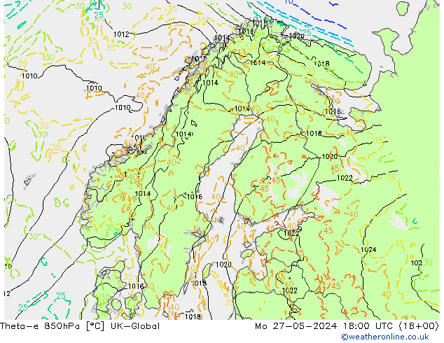 Theta-e 850hPa UK-Global  27.05.2024 18 UTC