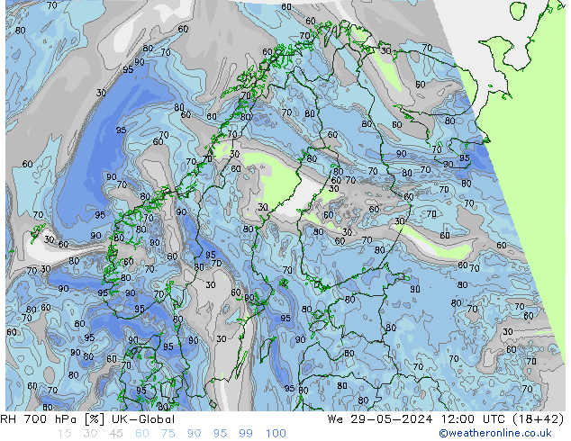 Humidité rel. 700 hPa UK-Global mer 29.05.2024 12 UTC