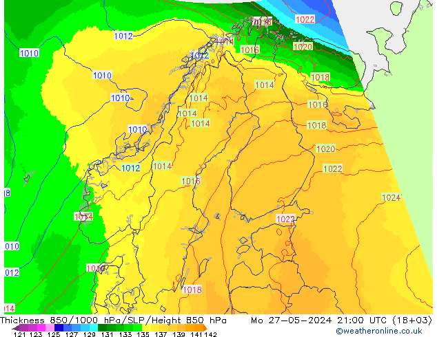 Dikte 850-1000 hPa UK-Global ma 27.05.2024 21 UTC