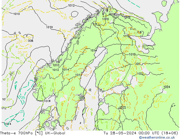 Theta-e 700hPa UK-Global Di 28.05.2024 00 UTC