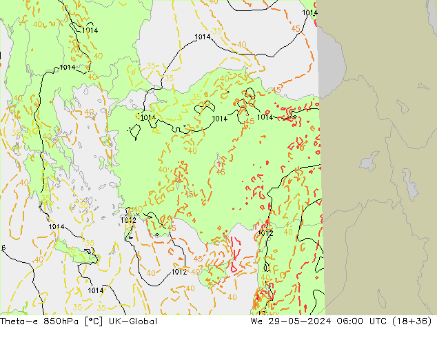 Theta-e 850hPa UK-Global St 29.05.2024 06 UTC