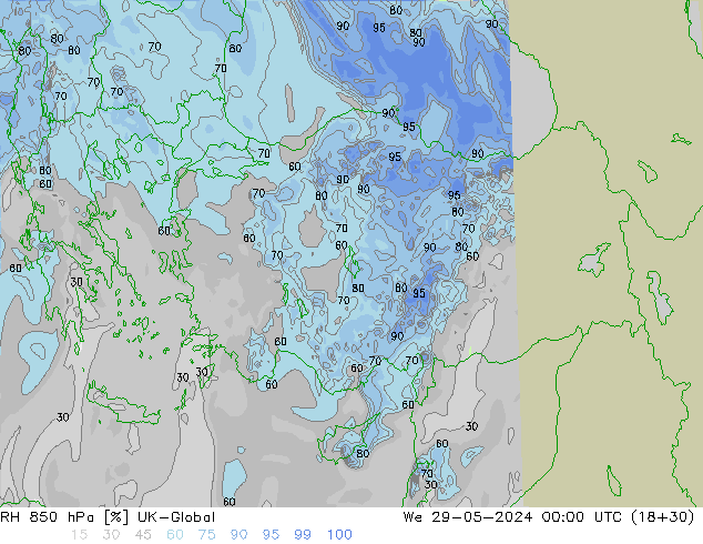 RH 850 hPa UK-Global We 29.05.2024 00 UTC