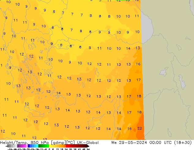 Géop./Temp. 850 hPa UK-Global mer 29.05.2024 00 UTC