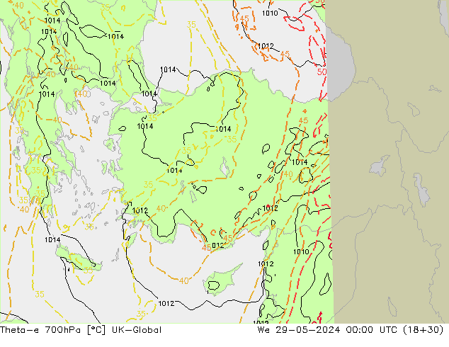 Theta-e 700hPa UK-Global Çar 29.05.2024 00 UTC