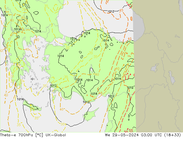 Theta-e 700hPa UK-Global mer 29.05.2024 03 UTC