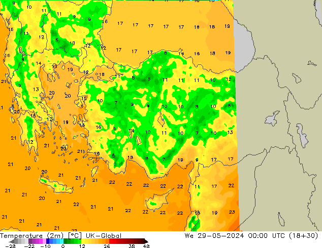 Temperatuurkaart (2m) UK-Global wo 29.05.2024 00 UTC