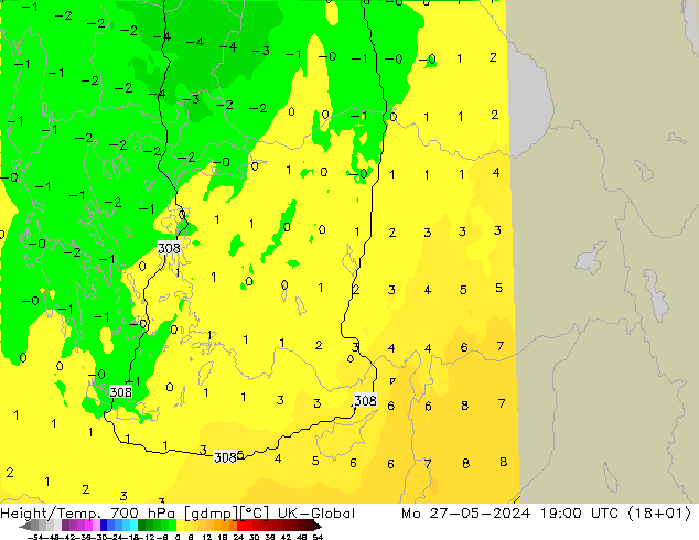 Height/Temp. 700 гПа UK-Global пн 27.05.2024 19 UTC