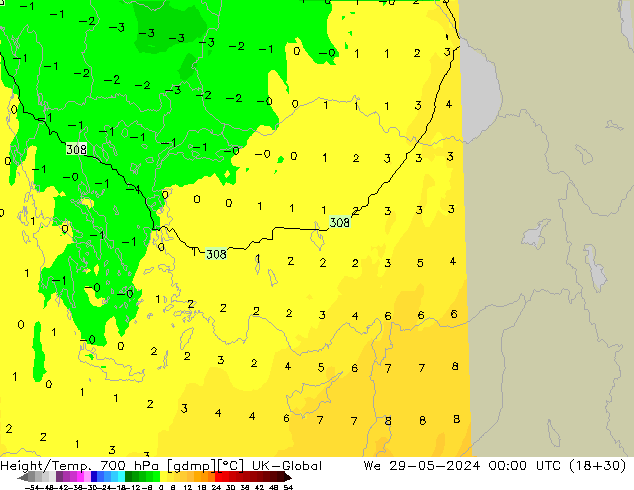 Height/Temp. 700 hPa UK-Global We 29.05.2024 00 UTC