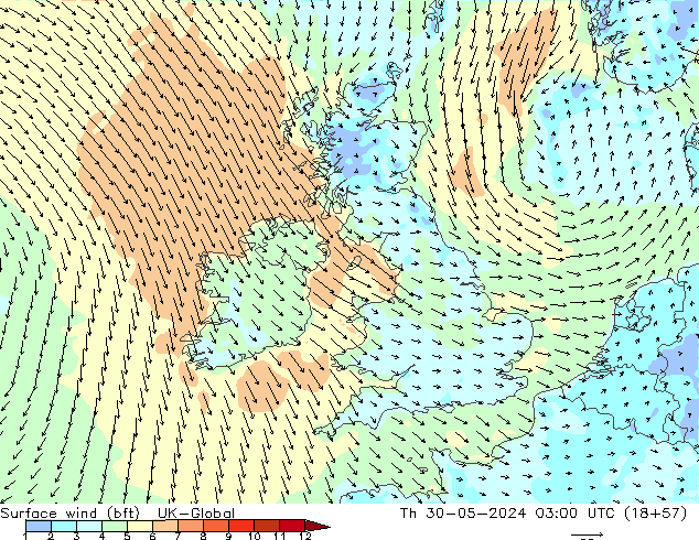 Surface wind (bft) UK-Global Th 30.05.2024 03 UTC