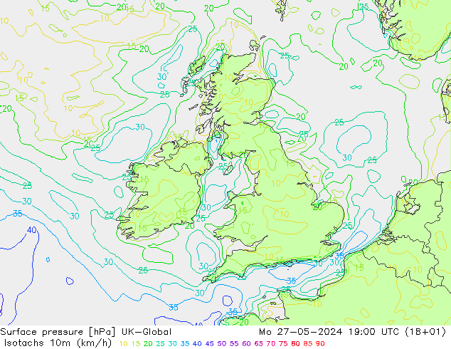 Isotachen (km/h) UK-Global ma 27.05.2024 19 UTC