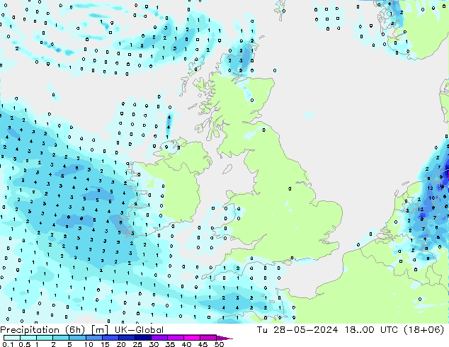 Precipitation (6h) UK-Global Út 28.05.2024 00 UTC